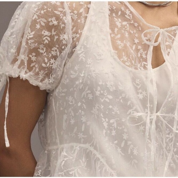 ANTHROPOLOGIE M SHEER SHORT-SLEEVE ORGANZA Coverup MAXI DRESS White $118 NWT Med - Picture 10 of 11